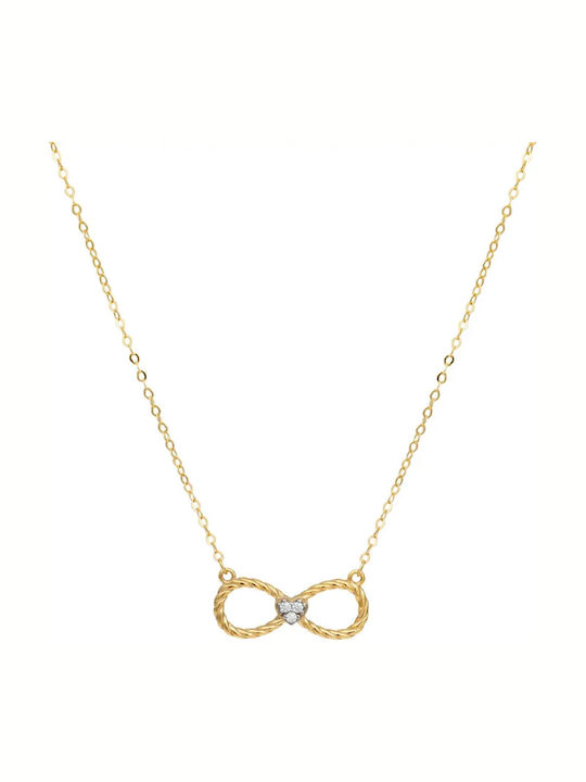 Infinity Necklace Made of 9 K Gold with Zircon