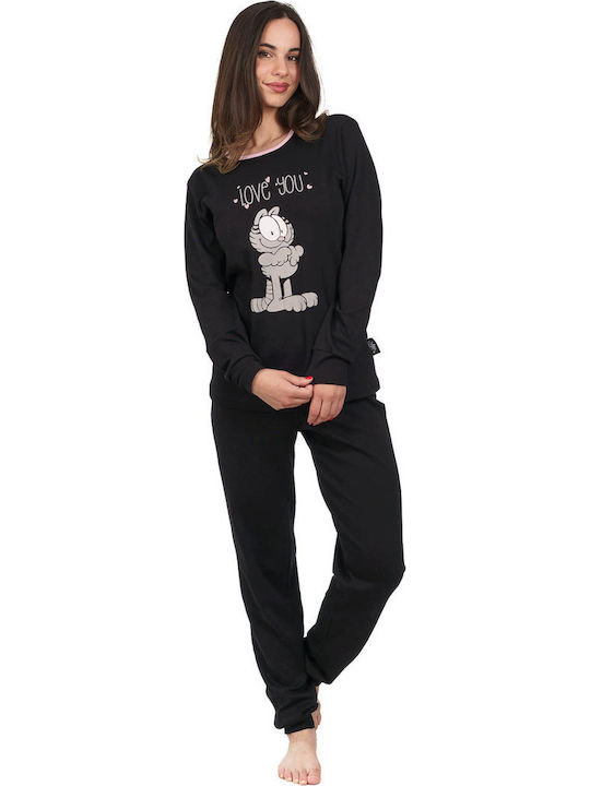 Sara Set Pijamale Dama De Iarnă Bumbac Negru 1312-mavro