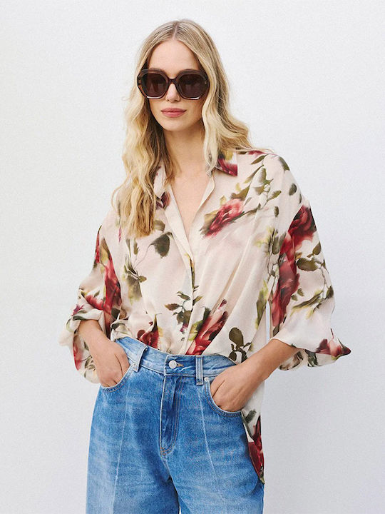 Langärmeliges Damenhemd Beige Blumen