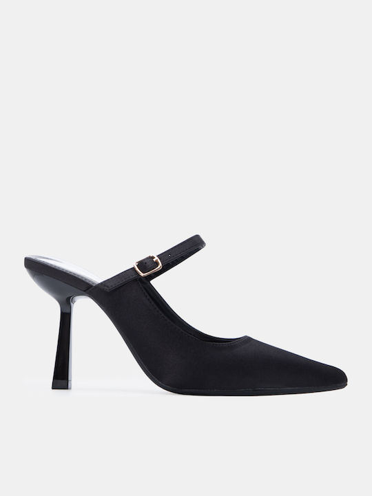 Satin Damen Pantoletten mit Hoch Absatz in Schwarz Farbe