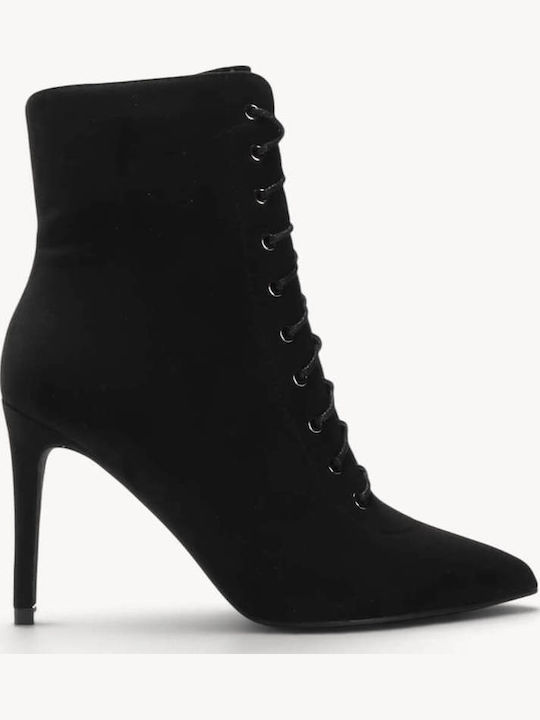 Black Suede Ankle Boots With Laces High Thin Heel