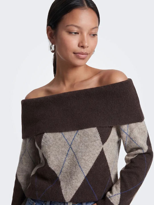Only Damen Bluse Schulterfrei Langärmelig Braun