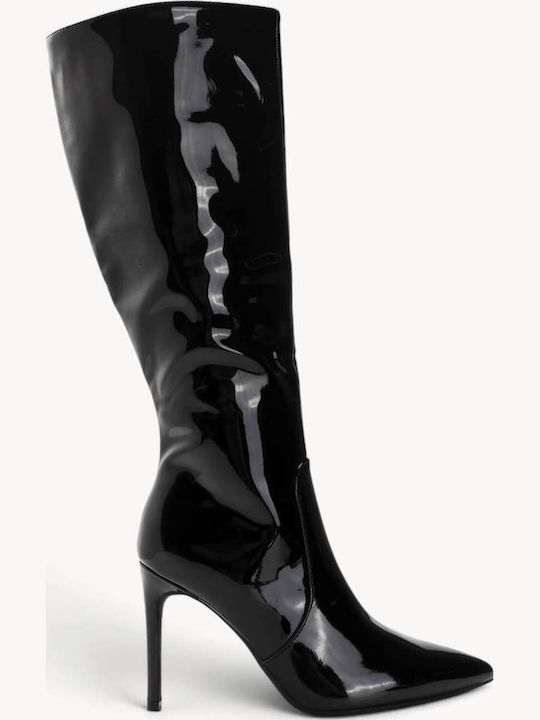 Cizme Negre Din Lac Vârf Ascuțit Toc Stiletto