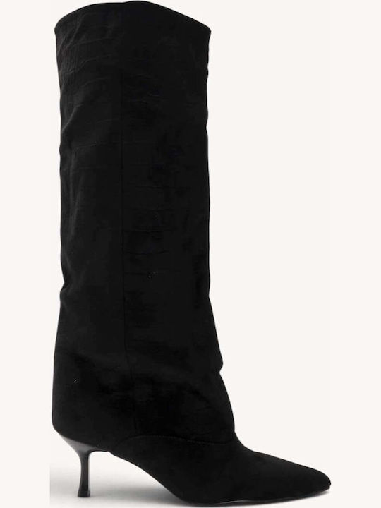 Schwarze Damenstiefel Mit Croco-Textur Und Spit...
