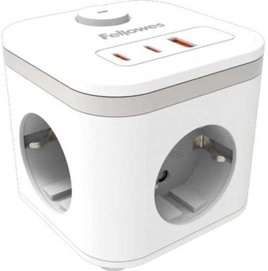 Fellowes PowerCube 3 Sockets with 1 USB-A, 2 USB-C, Switch and Cable 2m