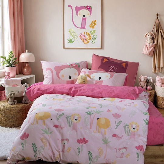 Nef-Nef Homeware Сет Спални Чаршафи Единични Памучни Wild & Sweet Pink 170x260cm 3бр