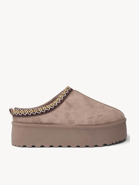 Μπεζ Suede Clogs Πλατφόρμα Κεντητές Λεπτομέρειες