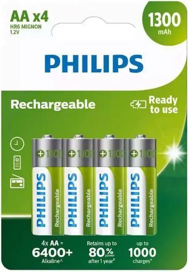 Philips Επαναφορτιζόμενες Μπαταρίες AA Ni-MH 1300mAh 1.2V 4τμχ