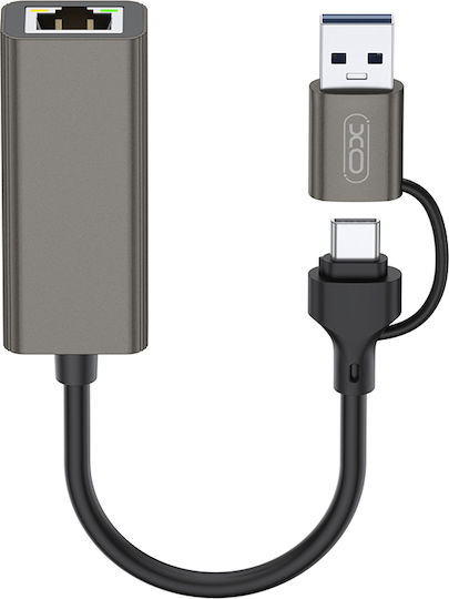 XO XO-861682 Конвертор USB-A / USB-C мъжки към Ethernet женски Сив