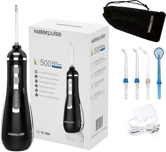 Waterpulse V500 Irigator Bucal 200ml Reîncărcabil cu Husă de Călătorie Negru WTP-V500-BLCK