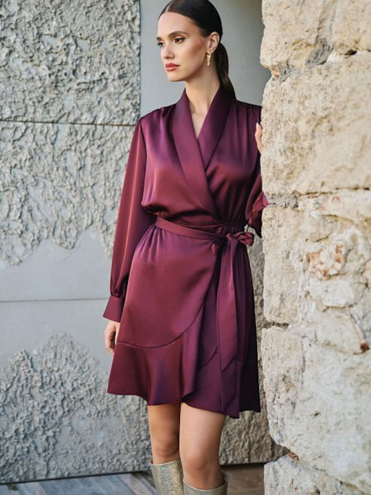 Sommer Mini Abend Hemdkleid Satin Wickel Burgundisch