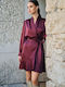 Sommer Mini Abend Hemdkleid Satin Wickel Burgundisch
