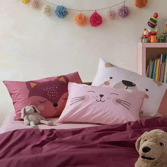 Nef-Nef Homeware Happy Cat Kinder Kissenbezug aus 100% Baumwolle 52x72cm Rosa