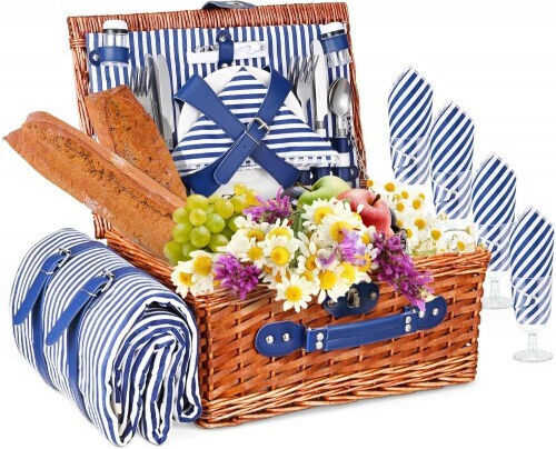 Coș de Picnic pentru 4 Persoane Împletitură din Salcie Gc-06 Pătură Impermeabilă Set Tacâmuri Inclus Pliabil Camping Plajă Călătorie Albastru Livrare 7-9 Zile