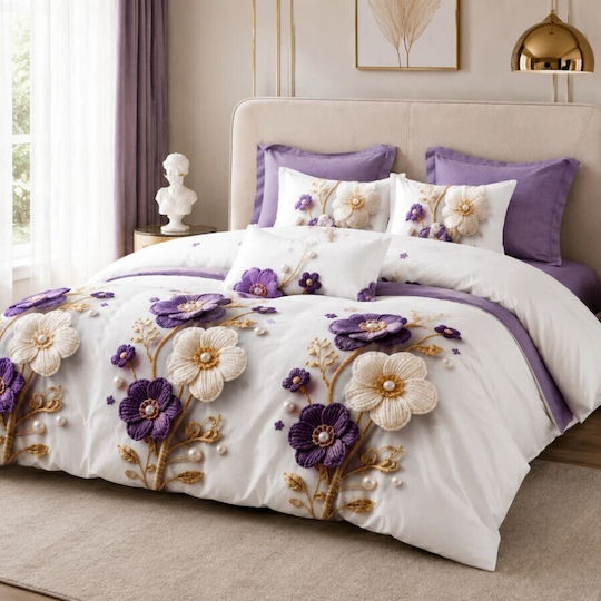 Pucioasa Set Huse Pentru Pilote 200x230cm Duble Cu 4 Fețe De Pernă Și 1 Cearșaf Purple And Cream Flowers