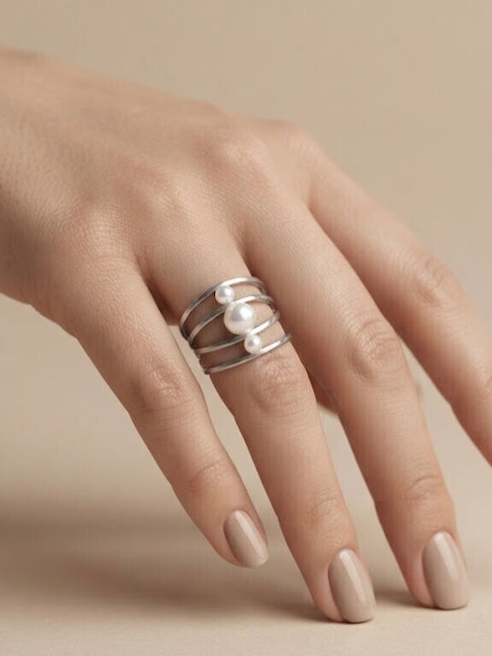 Steel Women's Ring with Pearls Made of Steel