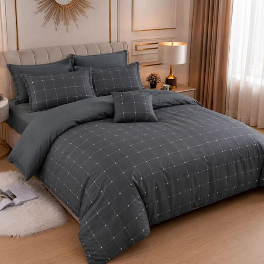 Pucioasa Set Duvet Cover 200x230cm Double with 4 Pillowcases and 1 Bed Sheet Grey Checkered