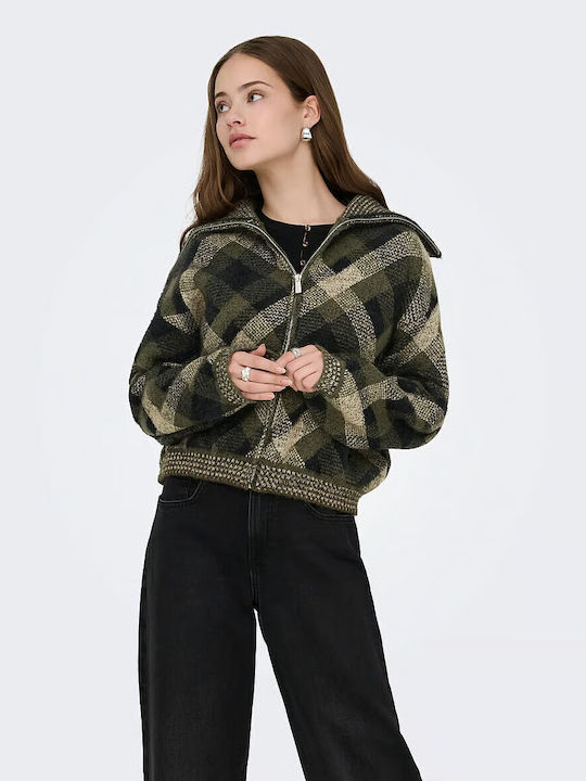 Damen Bluse mit Reißverschluss Karierter Grüner