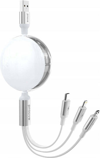 Proove Подвижен USB към micro USB / Type-C / Lightning кабел 3A Бял 1.2m