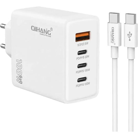 QIHANG GaN Charger with USB-A Port and 3 USB-C Ports and USB-C - USB-C Cable 100W Power Delivery White (QH-A86CC)
