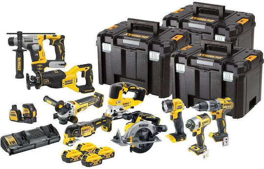DEWALT DCK1012P4T Комплект Лазерен Нивелир, Ъглошлайф, Циркулярен Трион, Бормашина, Акумулаторна Бормашина-Отвертка, Отвертка, Мултифункционален Инструмент, Лобзик, Саблен Трион и Фенер Безчетков 18V с 4 Батерии 5Ah и Калъф