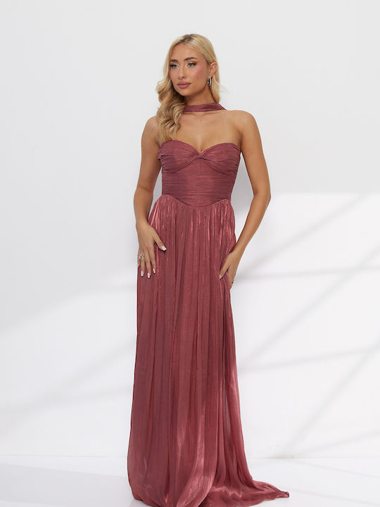 Rochie de Vară Maxi de Seară Rochie-Cămașă Satin Drapat cu Plasă Roz