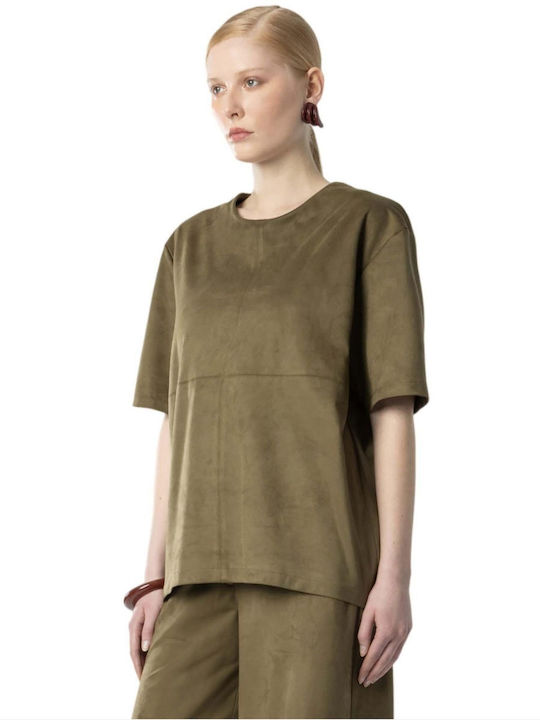 Moutaki Women's Leather Short Sleeve Blouse Khaki