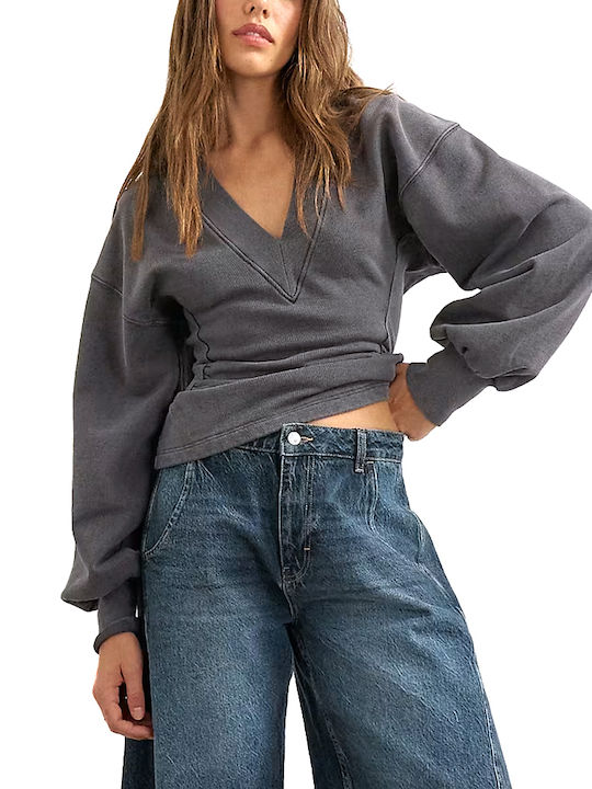 Women's Cotton Blouse with V-Neck Anthracite