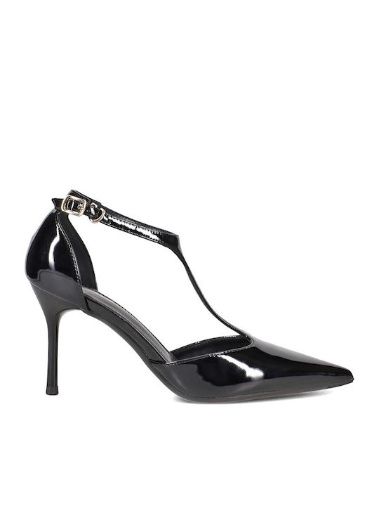 Spitze Zehen Pumps aus Lackleder mit Riemen Schwarz