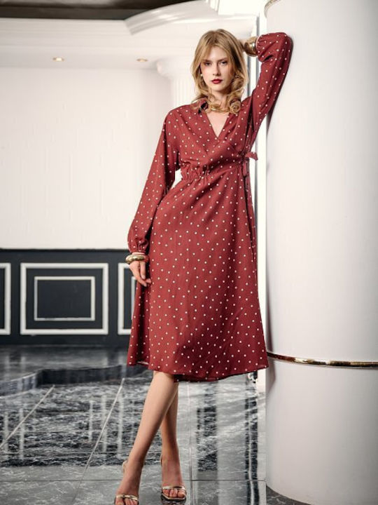 Rochie De Vară Midi Rochie-Cămașă Wrap-Around Burgundy
