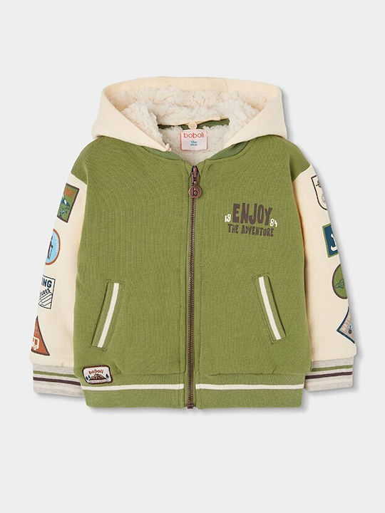 Fleece Kids Hooded Sweatshirt Cardigan With Pockets Green