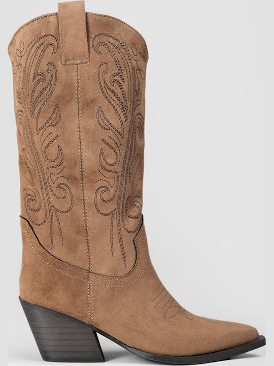 Suede Women's Cowboy Boots with Mid Heel Brown