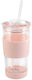 Vialli Design Thermos Glass Cup 600ml Pink with Straw and Handle