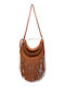 Leather Women's Hobo Bag Suede with Fringes Cuoio