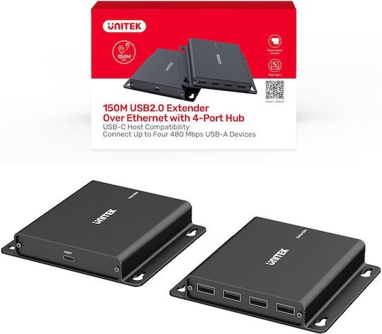 Unitek Usb-c Extender To 4× Usb-a Via Ethernet Range Up To 150 M 480mbps