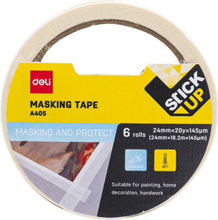 Deli Paper Tape 24mmx18.2m 14.5micron Stick Up White 6 Pieces