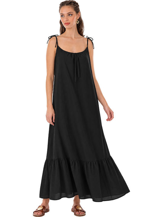 Summer Maxi Slip Dress with Ruffles Black