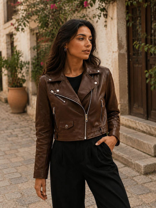 Boutique Дамско кожено Biker яке кафяво