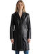 Leather Women's Black Coat with Buttons