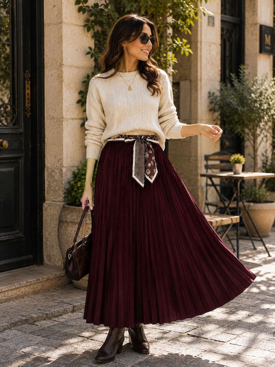 Pleated High Waist Midi Skirt Burgundy