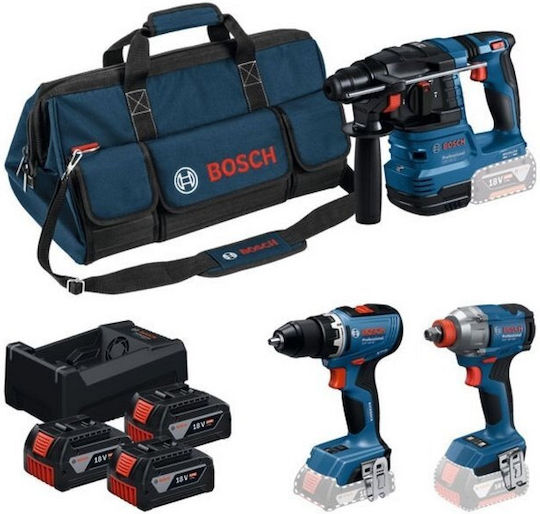 Bosch 0615A50093 Комплект Двигател За Бормашина, Ударна Машина И Чук 18V С 3 Батерии 5Ah И Калъф