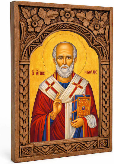 Heiligenikone St. Nikolaus Holzrahmen Myroryllo 16cm
