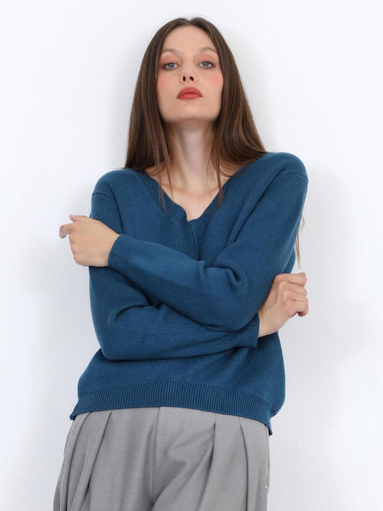 Women's Sweater with V-Neck Petrol Blue
