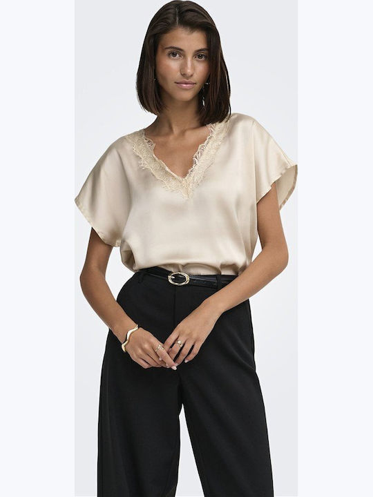 S S Γυναικείο Crop Top Σατέν με V Λαιμόκοψη Εκρού