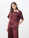 Damen Crop Top Satin Kurzärmelig Burgundisch