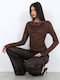 Damen Bluse mit Ausschnitt Lächeln Braun