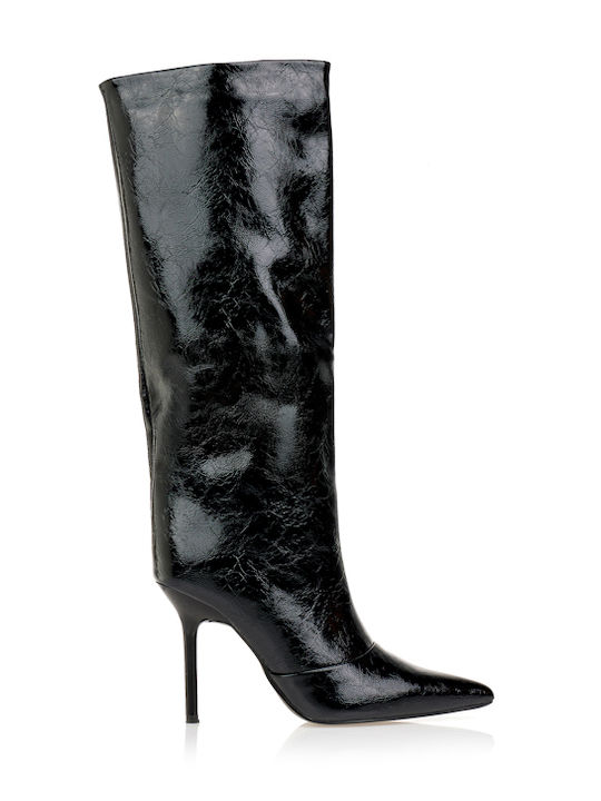 Women's Patent Leather Boots with High Heel Black