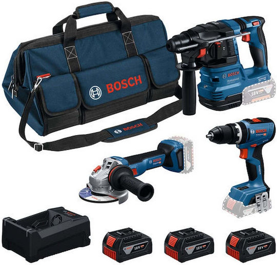 Bosch 0615A500AH Комплект Ъглошлайф, Дрелка и Перфоратор 18V с 3 Батерии 5Ah и Калъф с Зарядно устройство