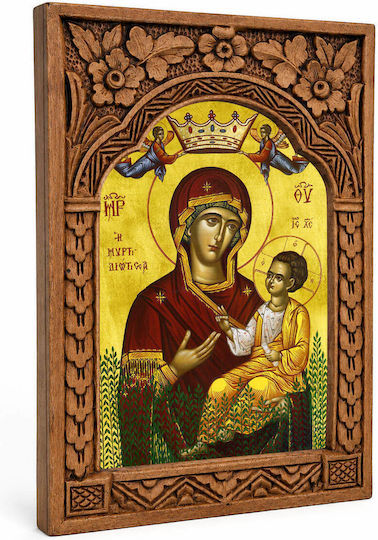 Heiligenikone Unserer Mutter Gottes von Myrtidiotissa Holzrahmen Myrtenblatt 16cm