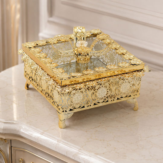 Decorative Metallic Box 17x17x11 Cm Gold Mirror Glass Keskor 90104